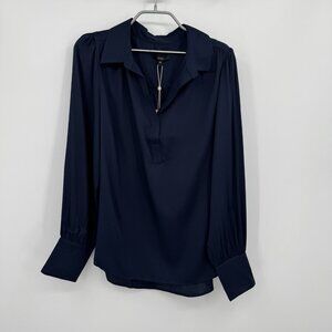 Quince Washable Stretch Silk Split Neck Blouse sz M Medium Women's in Navy Blue